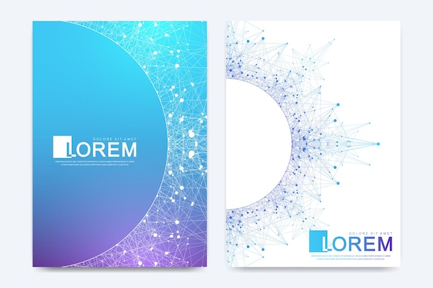 Plantilla de vector moderno para folleto, prospecto, volante, portada, catálogo en tamaño A4. Hélice de ADN, hebra de ADN, molécula o átomo, neuronas. Estructura abstracta para ciencia o antecedentes médicos.