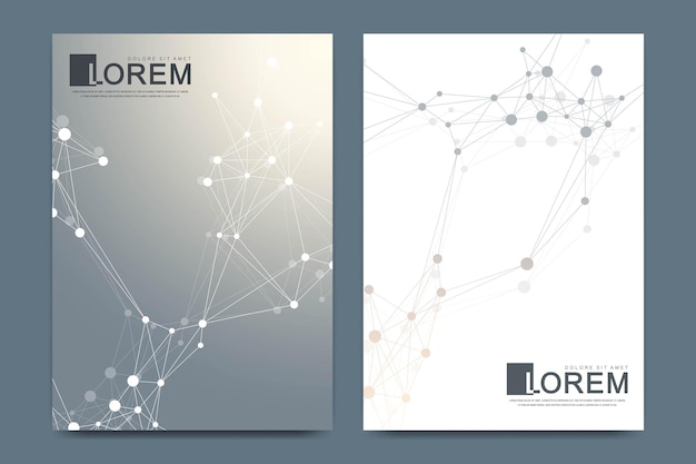 Plantilla de vector moderno para folleto, prospecto, volante, portada, pancarta, catálogo, revista o informe anual en tamaño a4. diseño de ciencia y tecnología futurista. molécula de fondo gráfico geométrico