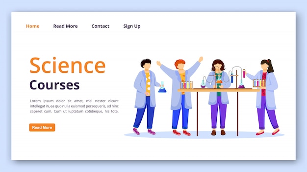 Plantilla de vector de página de aterrizaje de cursos de ciencia. Idea de interfaz de sitio web de experimentos de química para niños con ilustraciones planas. Página de inicio de lecciones prácticas