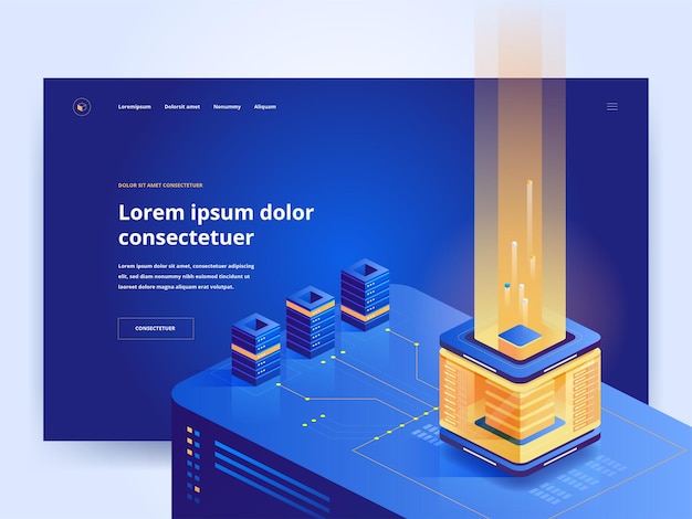 Plantilla de vector de página de destino azul de granja minera. idea de interfaz de usuario de la página de inicio del sitio web de criptomonedas con ilustraciones isométricas. tecnología blockchain, concepto 3d de color oscuro de banner web de comercio electrónico