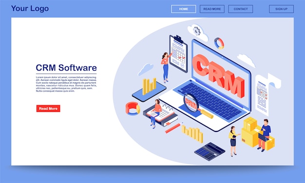 Plantilla de vector de página de destino isométrica de software crm. proceso de trabajo, organización del flujo de trabajo y servicio de optimización de la interfaz del sitio web. sistema de gestión de relaciones con el cliente página de inicio del concepto 3d