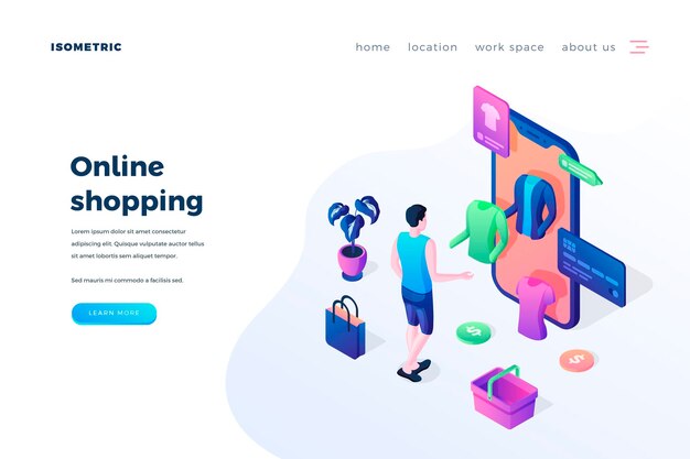 Plantilla de vector de página de inicio de compras en línea Idea de interfaz de página de inicio de sitio web de tienda de ropa de Internet con ilustración isométrica Concepto de dibujos animados 3D de banner web de comercio electrónico de tecnología moderna