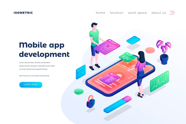 Plantilla de vector de página de inicio de desarrollo de aplicaciones móviles programación y diseño gráfico página de inicio del sitio web idea de interfaz de usuario con ilustraciones isométricas creación de prototipos de aplicaciones banner web concepto de dibujos animados en 3d