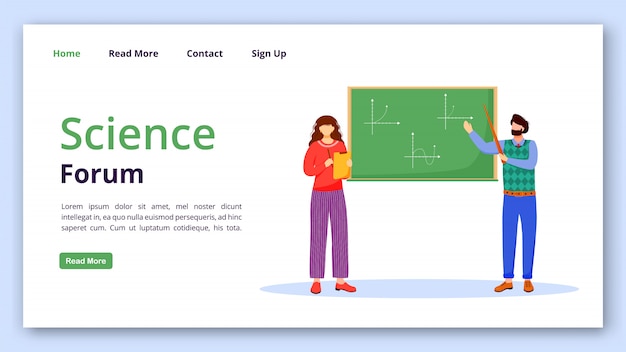 Plantilla de vector de página de inicio de foro de ciencia. solución de problemas matemáticos idea de interfaz de sitio web con ilustraciones planas.