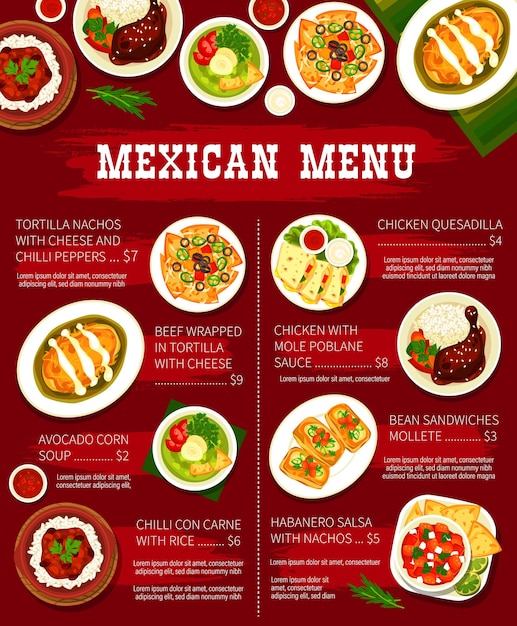 Vector plantilla de vector de página de menú de comidas de restaurante mexicano