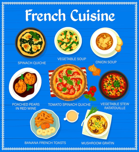 Plantilla de vector de página de menú de restaurante de comida francesa