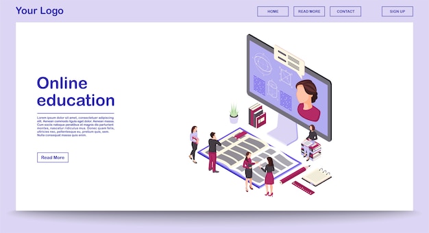 Plantilla de vector de página web de educación en línea con página de inicio de ilustración isométrica