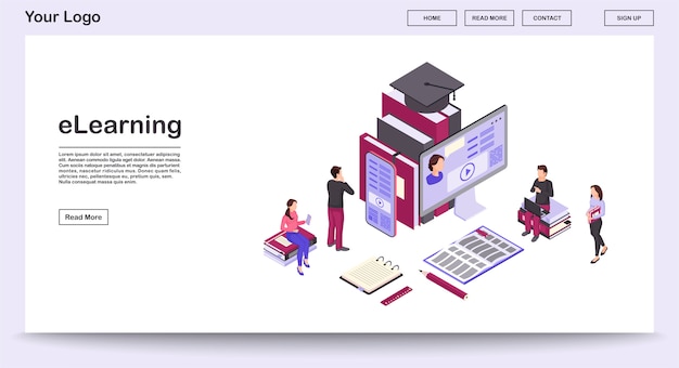 Plantilla de vector de página web de eLearning con ilustración isométrica, página de inicio
