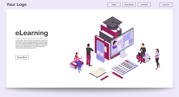 Plantilla de vector de página web de elearning con ilustración isométrica, página de inicio