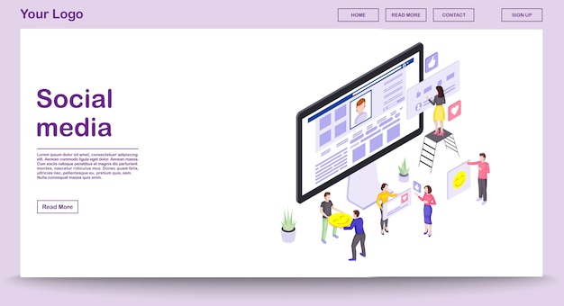 Plantilla de vector de página web de redes sociales con ilustración isométrica