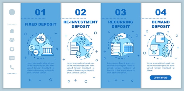 Plantilla de vector de páginas web móviles de incorporación de depósitos. servicio bancario. idea de interfaz de sitio web de teléfono inteligente sensible con ilustraciones lineales. pantallas paso a paso del tutorial de la página web. concepto de color