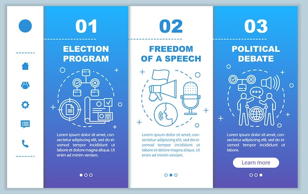 Plantilla de vector de páginas web móviles de incorporación del día de las elecciones. libertad de expresión. idea de interfaz de sitio web de teléfono inteligente sensible con ilustraciones lineales. pantallas paso a paso del tutorial de la página web. concepto de color