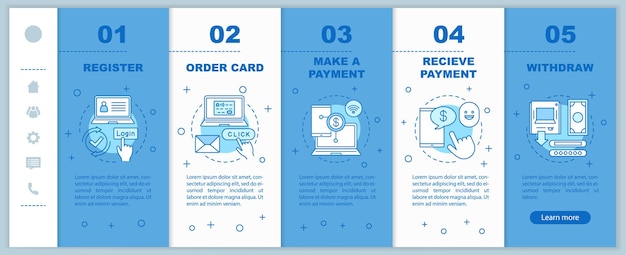 Plantilla de vector de páginas web móviles de incorporación de sistema de pago Transferencia de dinero Idea de interfaz de sitio web de teléfono inteligente receptivo con ilustraciones lineales Concepto de pantallas de paso de tutorial de página web bancaria