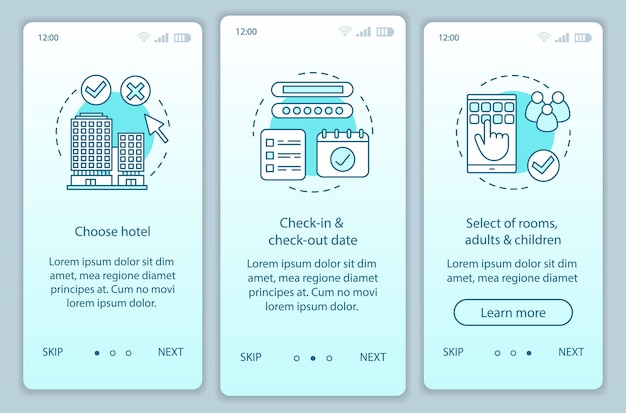 Plantilla de vector de pantalla de aplicación móvil de incorporación de reserva de hotel. Elegir alojamiento, apartamento. Seleccione la habitación y haga la reserva. Pasos del sitio web del tutorial. Concepto de interfaz de teléfono inteligente UX, UI, GUI