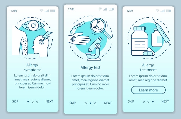 Plantilla de vector de pantalla de página de aplicación móvil de incorporación de alergias. Síntomas de enfermedades alérgicas, prueba, tratamiento. Pasos del sitio web del tutorial con ilustraciones lineales. Concepto de interfaz de teléfono inteligente UX, UI, GUI