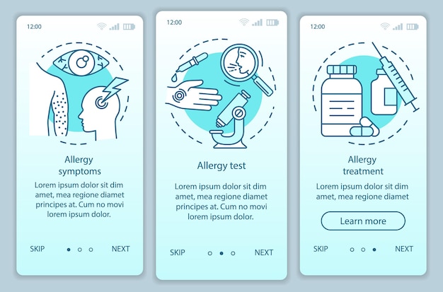 Plantilla de vector de pantalla de página de aplicación móvil de incorporación de alergias. síntomas de enfermedades alérgicas, prueba, tratamiento. pasos del sitio web del tutorial con ilustraciones lineales. concepto de interfaz de teléfono inteligente ux, ui, gui