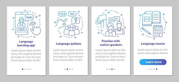 Plantilla de vector de pantalla de página de aplicación móvil de incorporación de aprendizaje de idiomas extranjeros. Lecciones con hablantes nativos, pruebas de idiomas, cursos. Pasos del sitio web del tutorial. Concepto de interfaz de teléfono inteligente UX, UI, GUI