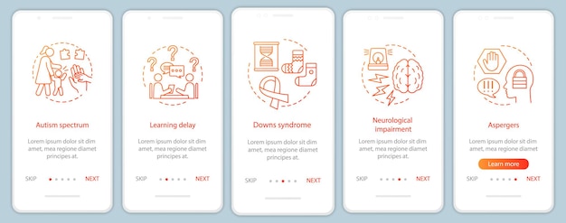 Plantilla de vector de pantalla de página de aplicación móvil de incorporación de asistencia domiciliaria pediátrica. Cuidado de niños lactantes. Pasos del sitio web del tutorial sobre trastornos infantiles. Centro médico de puericultura. Interfaz de teléfono inteligente UX, UI, GUI