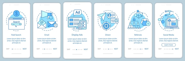 Plantilla de vector de pantalla de página de aplicación móvil de incorporación azul de canales de marketing. maneras de atraer clientes a través de pasos del sitio web con ilustraciones lineales. concepto de interfaz de teléfono inteligente ux, ui, gui