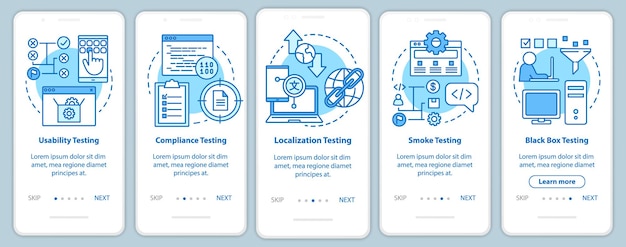 Plantilla de vector de pantalla de página de aplicación móvil de incorporación azul de prueba de software no funcional. análisis de usabilidad. pasos del sitio web del tutorial con ilustración lineal. concepto de interfaz de teléfono inteligente ux, ui, gui