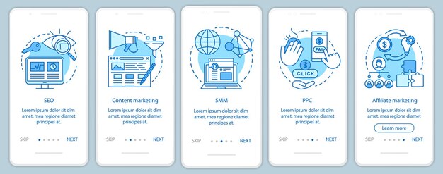 Plantilla de vector de pantalla de página de aplicación móvil de incorporación azul de tácticas de marketing digital. SEO, SMM, pasos del sitio web de recorrido de PPC con ilustraciones lineales. Concepto de interfaz de teléfono inteligente UX, UI, GUI