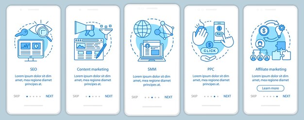 Plantilla de vector de pantalla de página de aplicación móvil de incorporación azul de tácticas de marketing digital. seo, smm, pasos del sitio web de recorrido de ppc con ilustraciones lineales. concepto de interfaz de teléfono inteligente ux, ui, gui