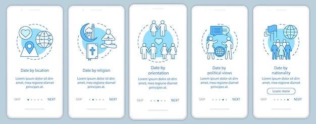 Plantilla de vector de pantalla de página de aplicación móvil de incorporación de citas en línea. fecha por ubicación, religión, orientación, instrucciones del sitio web de nacionalidad con ilustraciones lineales. interfaz de teléfono inteligente ux, ui, gui