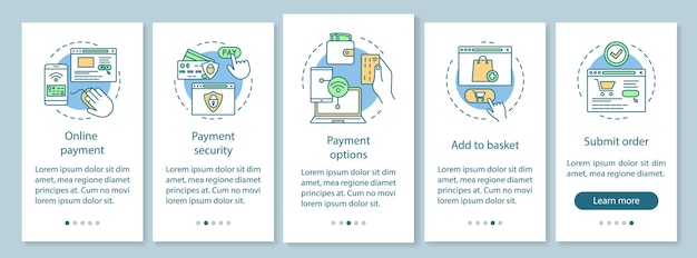 Plantilla de vector de pantalla de página de aplicación móvil de incorporación de compras en línea. Compra digital. Mercadeo por Internet. Comercio electrónico. Pasos del sitio web con ilustraciones lineales. Concepto de interfaz de teléfono inteligente UX, UI, GUI