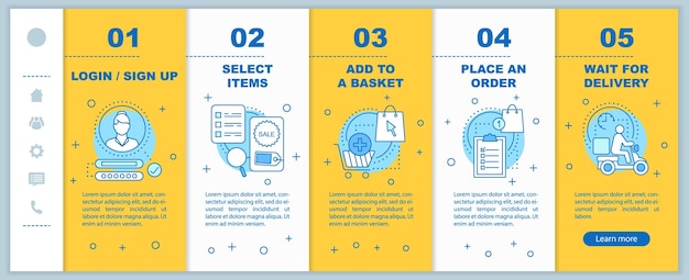 Plantilla de vector de pantalla de página de aplicación móvil de incorporación de compras en línea Seleccionar elementos agregar a la cesta colocar orden paso a paso del sitio web con ilustraciones lineales Concepto de interfaz de teléfono inteligente UX GUI