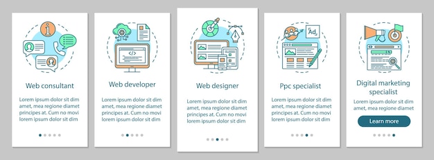 Plantilla de vector de pantalla de página de aplicación móvil de incorporación de consultoría web. Desarrollo de sitios web. Publicidad digital. Pasos del sitio web paso a paso con ilustraciones lineales. Concepto de interfaz de teléfono inteligente UX, UI, GUI