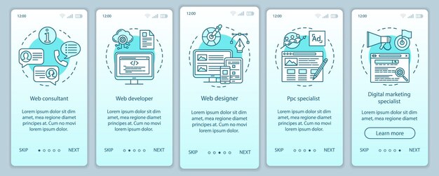 Vector plantilla de vector de pantalla de página de aplicación móvil de incorporación de consultoría web. desarrollo de sitios web. publicidad digital. pasos del sitio web del tutorial con ilustraciones lineales. concepto de interfaz de teléfono inteligente ux, ui, gui