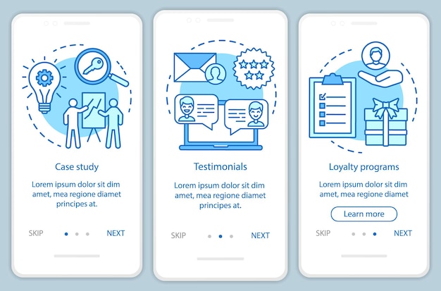 Vector plantilla de vector de pantalla de página de aplicación móvil de incorporación de contenido azul de toma de decisiones. pasos del sitio web del tutorial de atracción de clientes con ilustraciones lineales. concepto de interfaz de teléfono inteligente ux, ui, gui