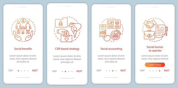 Plantilla de vector de pantalla de página de aplicación móvil de incorporación de CSR