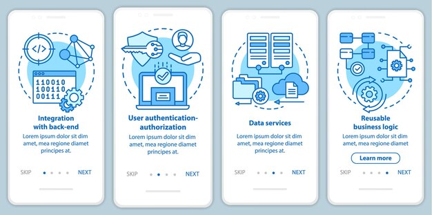 Plantilla de vector de pantalla de página de aplicación móvil de incorporación de desarrollo de software. Programación de aplicaciones. Pasos del sitio web paso a paso con ilustraciones lineales. Concepto de interfaz de teléfono inteligente UX, UI, GUI