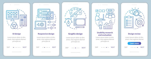 Plantilla de vector de pantalla de página de aplicación móvil de incorporación de desarrollo de software. Programación de aplicaciones. Pasos del sitio web del tutorial con ilustraciones lineales. Concepto de interfaz de teléfono inteligente UX, UI, GUI