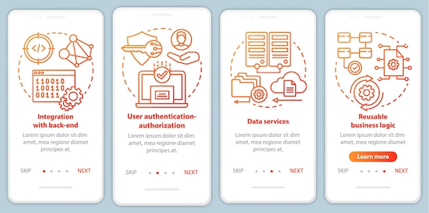 Plantilla de vector de pantalla de página de aplicación móvil de incorporación de desarrollo de software