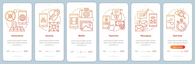 Plantilla de vector de pantalla de página de aplicación móvil de incorporación de desarrollo de software