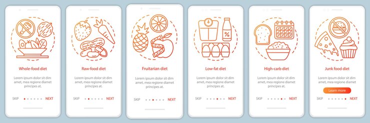 Vector plantilla de vector de pantalla de página de aplicación móvil de incorporación de dietas veganas pasos de sitio web de tutorial de estilo de vida vegetariano con ilustraciones lineales plan de nutrición ux ui gui concepto de interfaz de teléfono inteligente