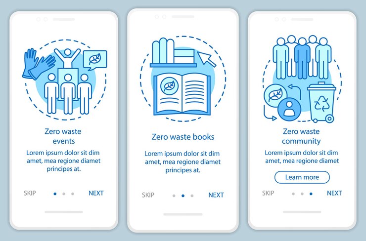 Vector plantilla de vector de pantalla de página de aplicación móvil de incorporación de educación de desperdicio cero. pasos del sitio web de tutorial de estilo de vida ecológico con ilustraciones lineales. concepto de interfaz de teléfono inteligente ux, ui, gui