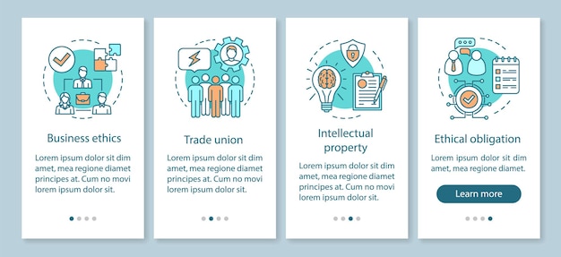 Plantilla de vector de pantalla de página de aplicación móvil de incorporación de ética empresarial. Sindicato, propiedad intelectual. Pasos del sitio web paso a paso con ilustraciones lineales. Concepto de interfaz de teléfono inteligente UX, UI, GUI