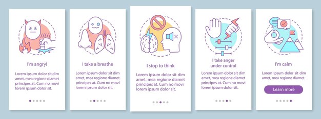 Plantilla de vector de pantalla de página de aplicación móvil de incorporación de gestión de ira