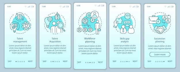 Plantilla de vector de pantalla de página de aplicación móvil de incorporación de gestión de talento. Adquisición de talento, planificación de la fuerza laboral. Pasos del sitio web del recorrido, ilustraciones lineales. Concepto de interfaz de teléfono inteligente UX, UI, GUI