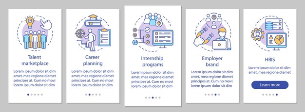 Plantilla de vector de pantalla de página de aplicación móvil de incorporación de gestión de talento. programa de pasantías, mercado. hris. pasos del sitio web del recorrido, ilustraciones lineales. concepto de interfaz de teléfono inteligente ux, ui, gui