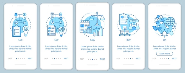Plantilla de vector de pantalla de página de aplicación móvil de incorporación de gobierno corporativo. rsc. ciudadanía corporativa. etica de negocios. pasos del sitio web del tutorial. desarrollo sostenible. interfaz de teléfono inteligente ux, ui, gui