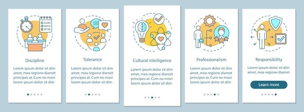 Plantilla de vector de pantalla de página de aplicación móvil de incorporación de habilidades blandas de empleado. Calidades básicas, pasos del tutorial de habilidades del sitio web. Responsabilidad, disciplina, tolerancia. Interfaz de teléfono inteligente UX, UI, GUI