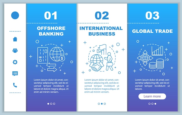 Plantilla de vector de pantalla de página de aplicación móvil de incorporación de horneado en alta mar Pasos de gestión de finanzas comerciales globales de negocios internacionales con ilustraciones lineales Concepto de interfaz de teléfono inteligente UX UI GUI