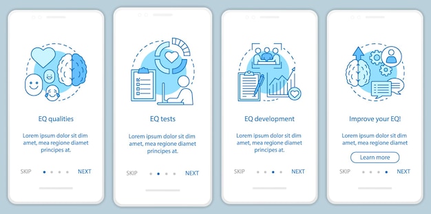 Plantilla de vector de pantalla de página de aplicación móvil de incorporación de inteligencia emocional. Cualidades EQ, prueba, desarrollo. Pasos del sitio web del tutorial con ilustraciones lineales. Concepto de interfaz de teléfono inteligente UX, UI, GUI