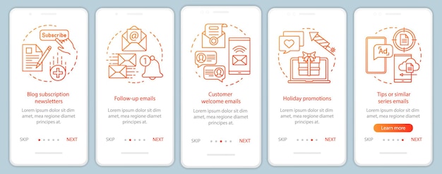 Plantilla de vector de pantalla de página de aplicación móvil de incorporación naranja de marketing por correo electrónico Pasos de sitio web de tutorial de promociones de estrategia empresarial con ilustraciones lineales Concepto de interfaz de teléfono inteligente UX UI GUI