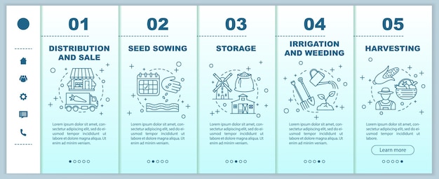 Plantilla de vector de pantalla de página de aplicación móvil de incorporación de negocios agrícolas Agricultura Agricultura Pasos de tutorial de siembra en crecimiento con ilustraciones lineales Concepto de interfaz de teléfono inteligente UX UI GUI