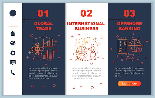 Plantilla de vector de pantalla de página de aplicación móvil de incorporación de negocios internacionales Pasos de sitio web de tutorial de comercio global de banca offshore con ilustraciones lineales Concepto de interfaz de teléfono inteligente UX UI GUI